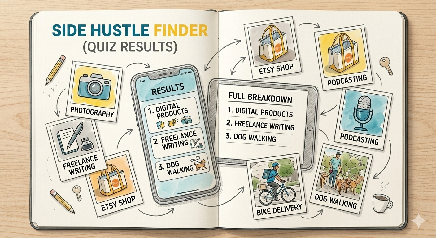 The Side Hustle Finder — preview showing sample case studies with business model tags and revenue figures