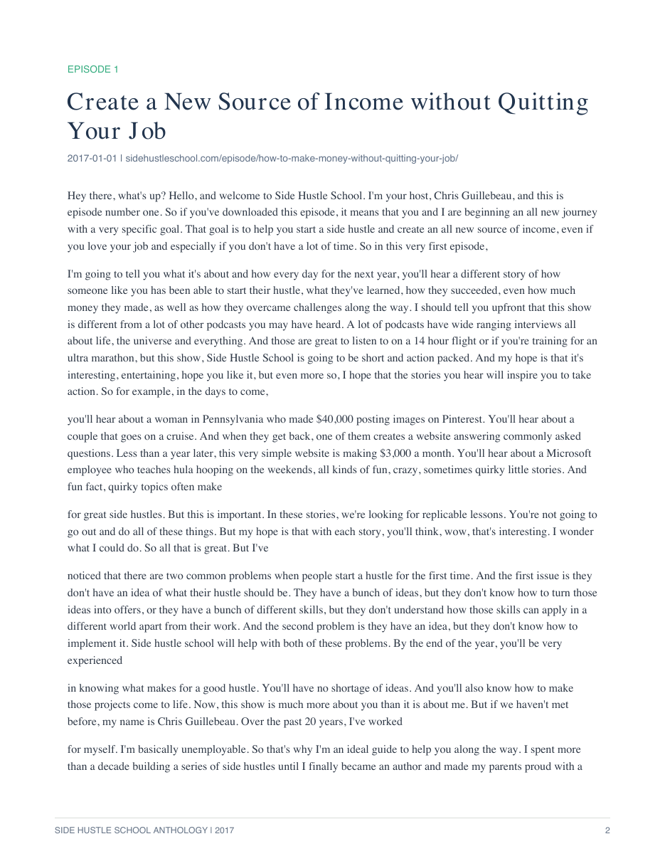 Actual transcript page for Side Hustle School episode 1