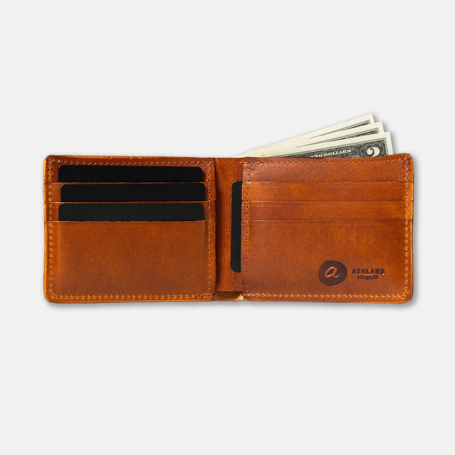 An open Ashland Leather wallet with cash and cards