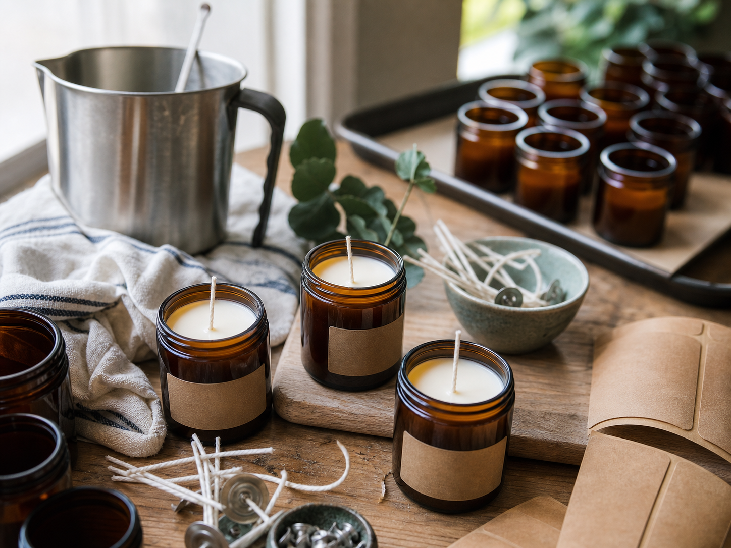 Amber glass handmade candles on a workshop table