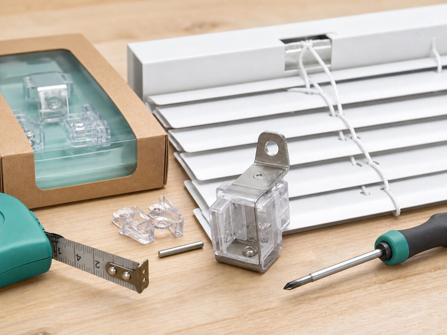 A mini-blind repair kit and tools on a workbench