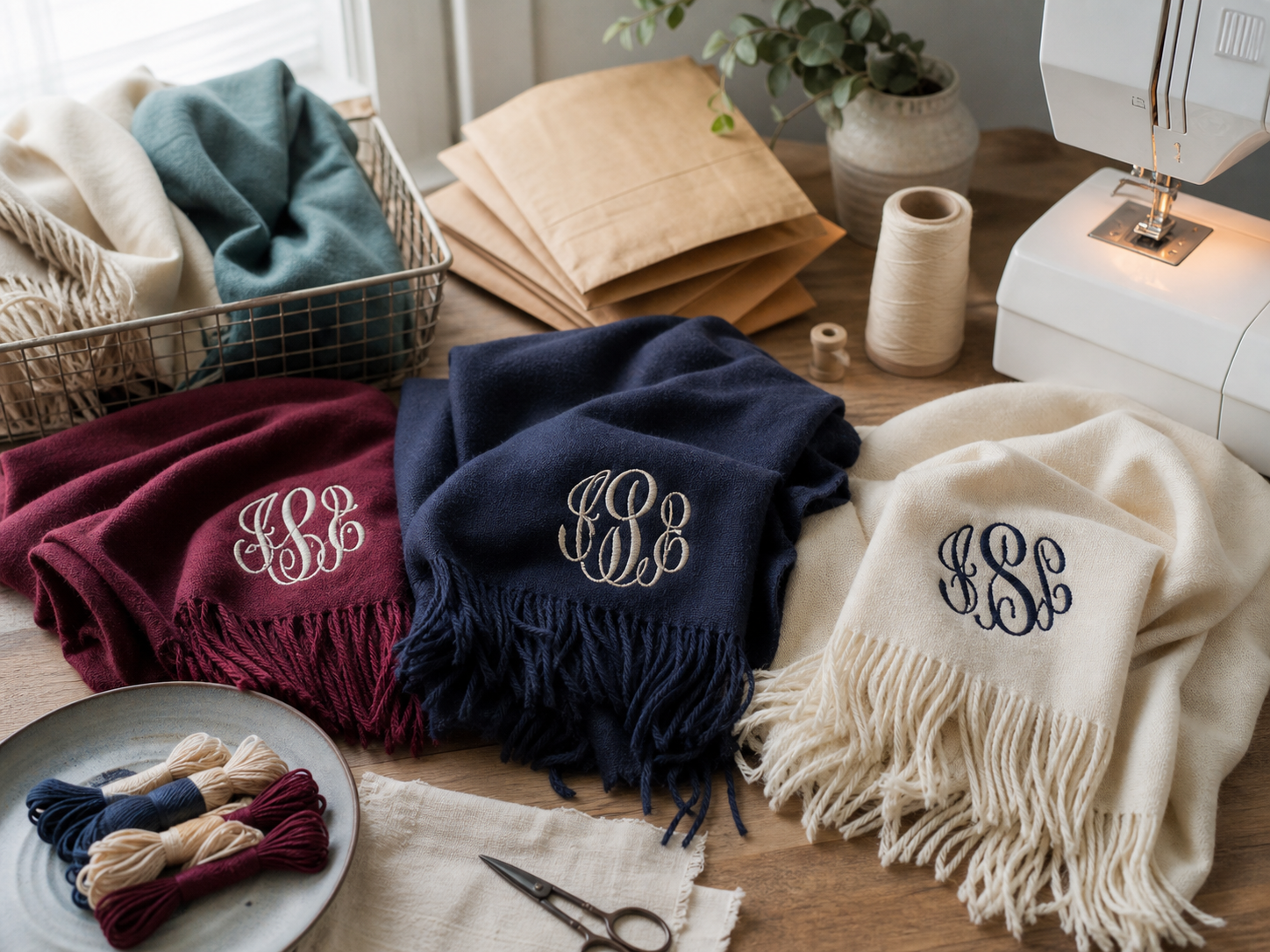 Monogrammed scarves on a maker table with thread and packaging