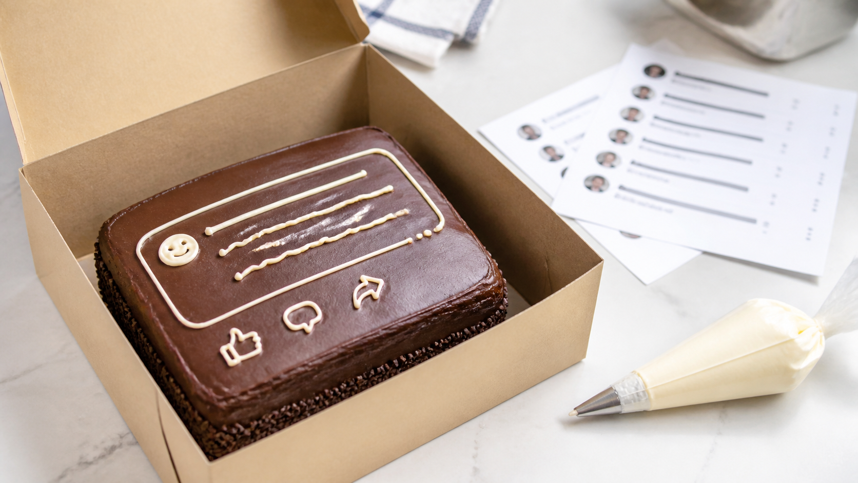 A chocolate cake decorated like an internet comment in a shipping box