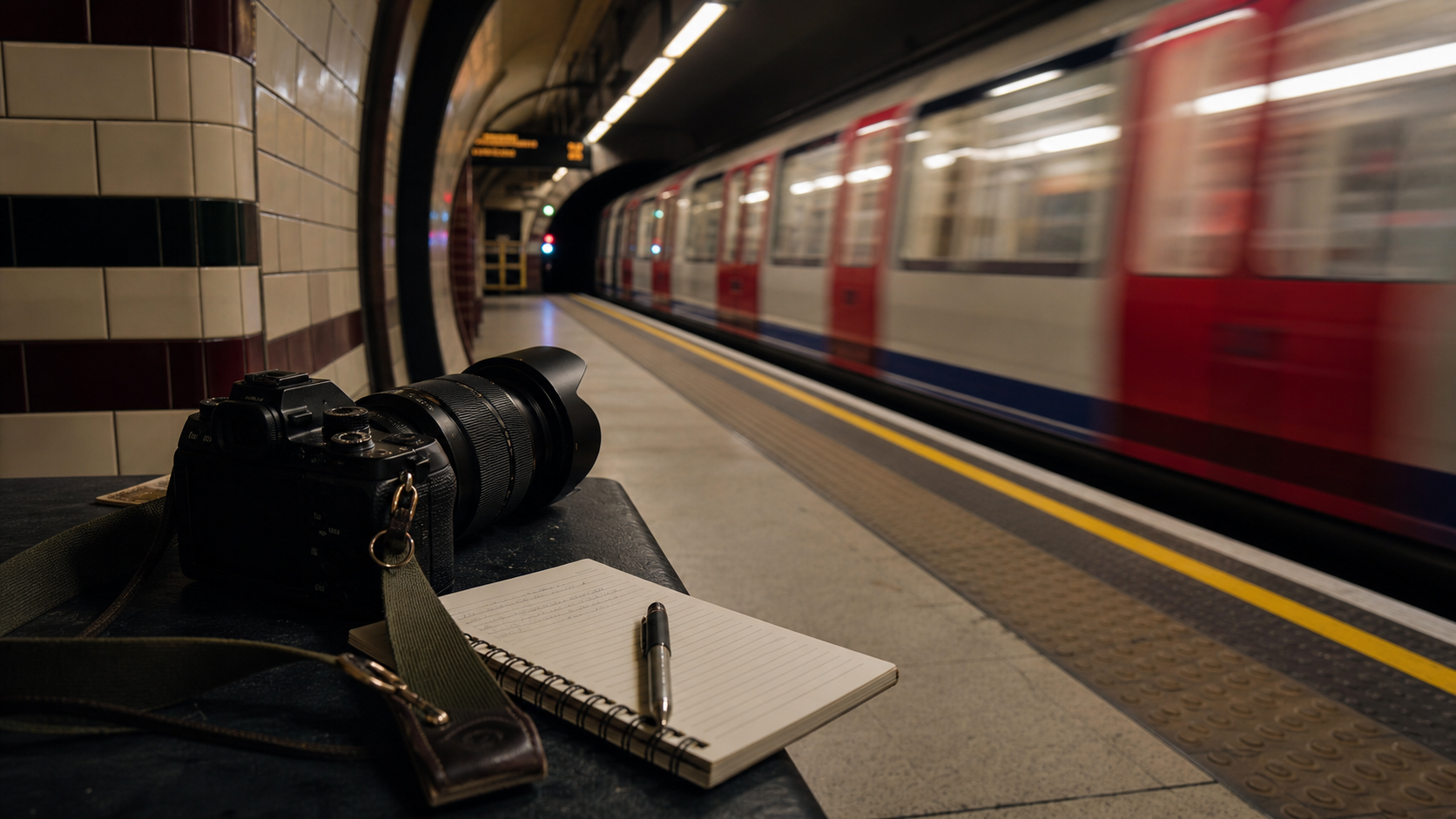 A camera and notebook on a London Underground platform with a train in motion