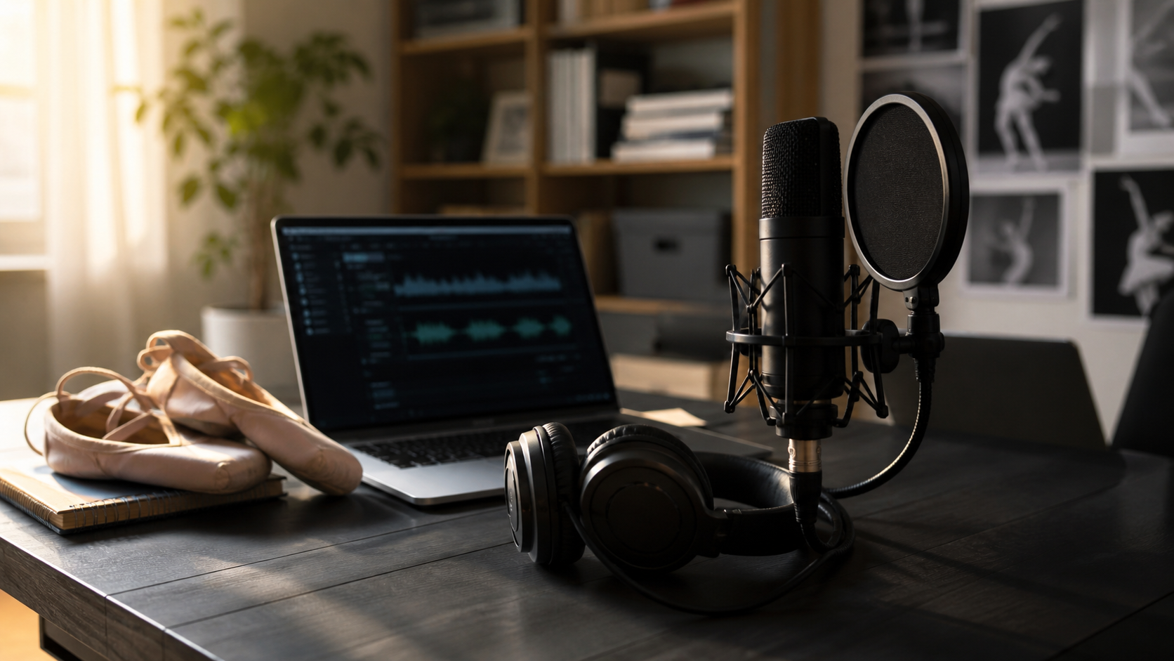 A home voiceover setup with microphone, headphones, laptop, and dance shoes
