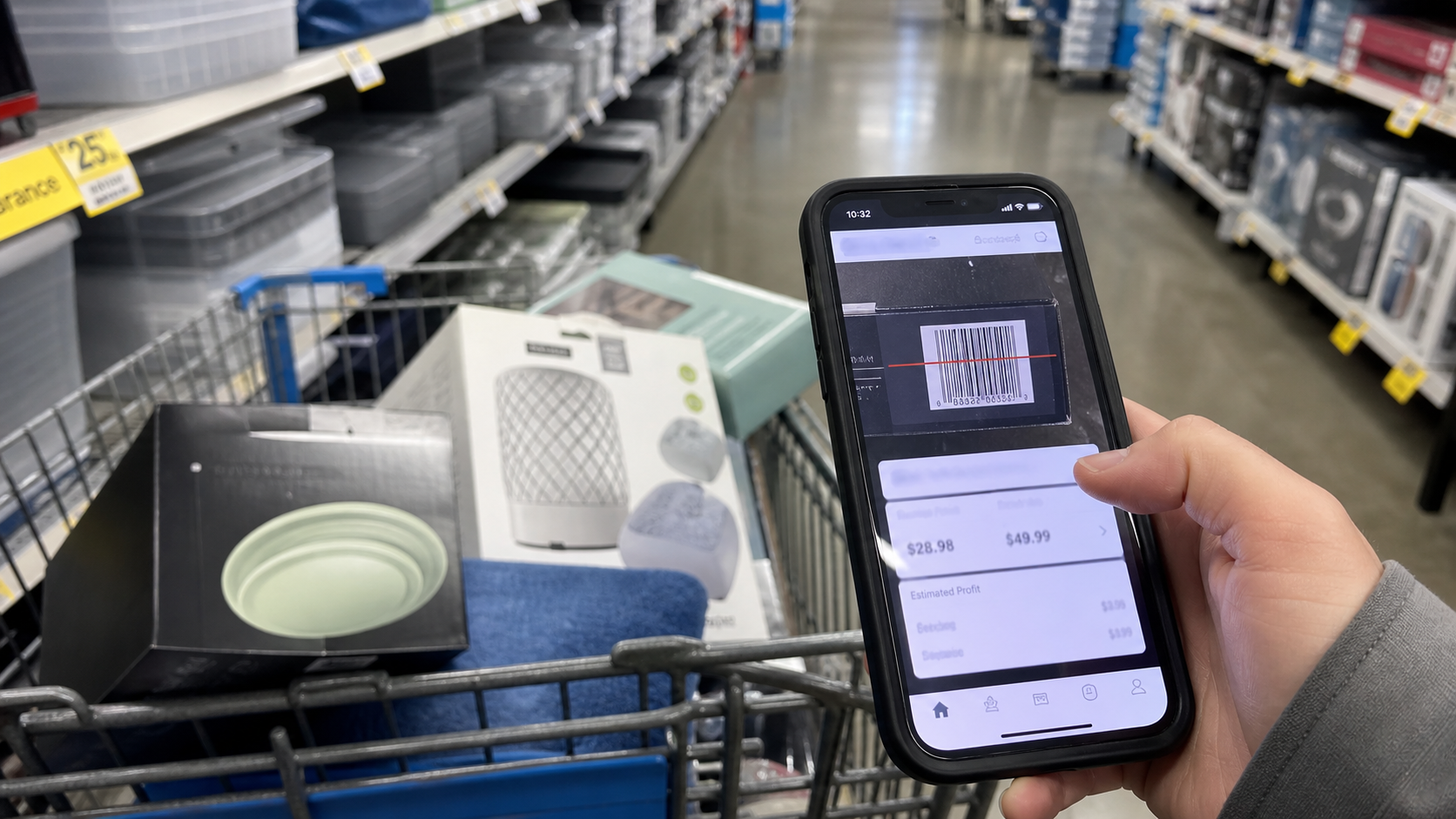 A phone scanning a product barcode in a retail aisle