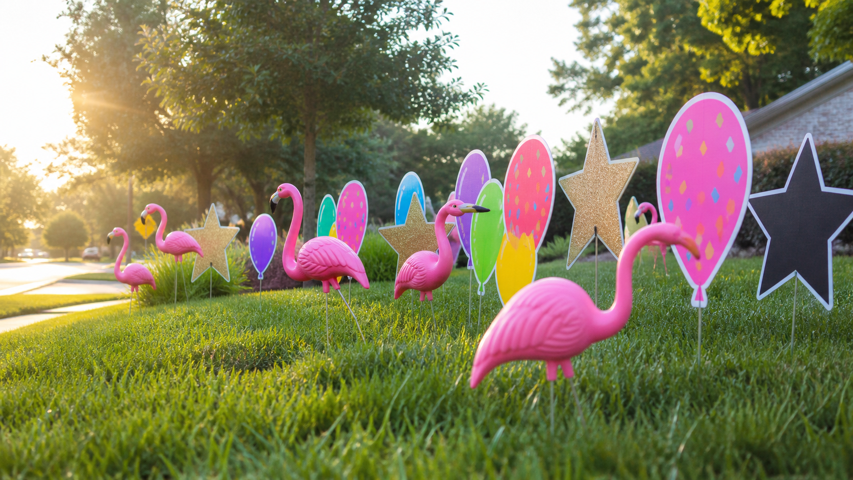 Colorful yard signs arranged on a lawn